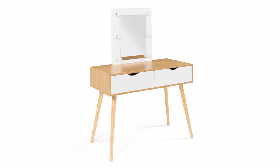 Coiffeuse 2 tiroirs livia bois et blanc avec miroir LED Coiffeuse 2 tiroirs livia bois et blanc avec miroir LED