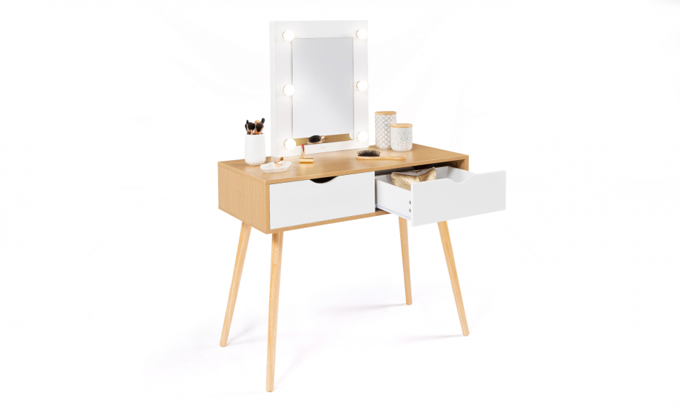 Bureau de coiffeuse avec miroir et chaise éclairés par LED Table