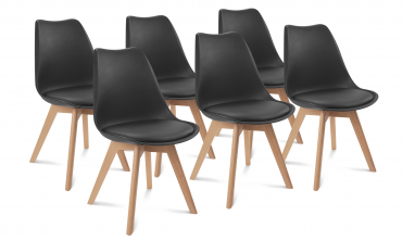 Table repas pieds spider 160cm bois/noir + 6 chaises Suedia noires
