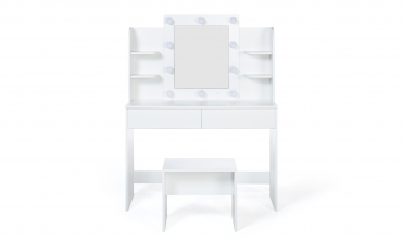 Coiffeuse Zita blanche avec étagères, miroir LED + tabouret