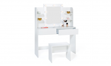 Coiffeuse Zélia blanche avec étagères, miroir LED + tabouret