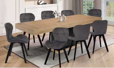 Ensemble repas table extensible Tania bois et noir et 8 chaises Daisy velours noir