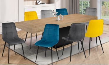 Ensemble repas table extensible Tania bois et noir et 8 chaises Linda velours multicolore