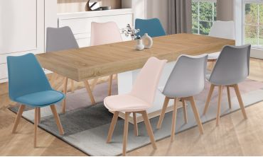Ensemble repas table extensible Tania bois et blanc et 8 chaises Suedia multicolores