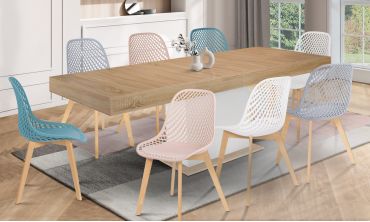 Ensemble repas table extensible Tania bois et blanc et 8 chaises Maelle multicolores