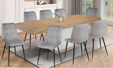 Ensemble repas table extensible Tania bois et blanc et 8 chaises Linda velours gris clair