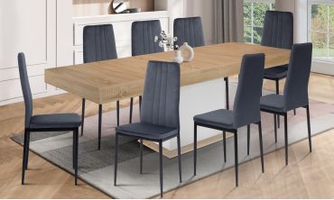 Ensemble repas table extensible Tania bois et blanc et 8 chaises Jade velours gris