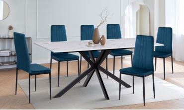 Ensemble repas table Glam effet marbre et 6 chaises Jade velours bleu
