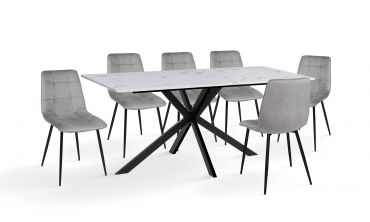 Ensemble repas table Glam effet marbre et 6 chaises Linda velours gris clair