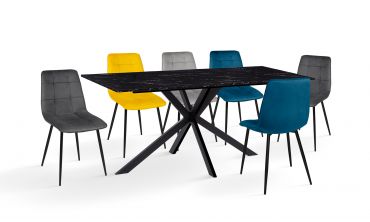 Ensemble repas table repas Glam 160cm plateau effet marbre noir et pieds croisés noirs + 6 chaises Linda velours multicolore