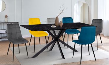 Ensemble repas table repas Glam 160cm plateau effet marbre noir et pieds croisés noirs + 6 chaises Linda velours multicolore