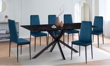 Ensemble repas table Glam effet marbre noir et 6 chaises Jade velours bleu