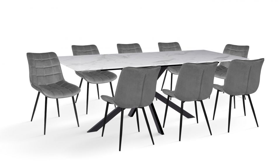 Ensemble repas table extensible Glam effet marbre et 8 chaises Melinda velours gris