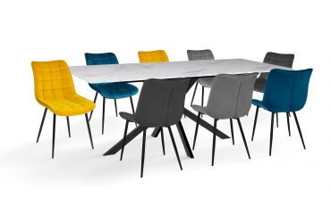 Ensemble repas table extensible Glam effet marbre et 8 chaises Melinda velours multicolore