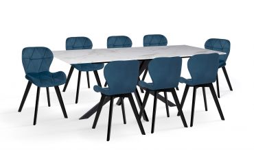 Ensemble repas table extensible Glam effet marbre et 8 chaises Daisy velours bleu