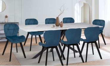 Ensemble repas table extensible Glam effet marbre et 8 chaises Daisy velours bleu
