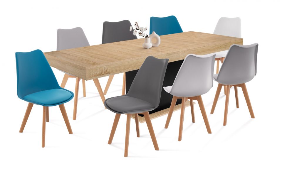 Ensemble repas table extensible Tania bois et noir et 8 chaises Suedia multicolores