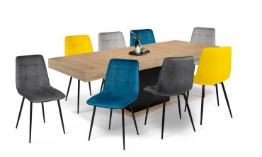 Ensemble repas table extensible Tania bois et noir et 8 chaises Linda velours multicolore