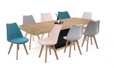 Ensemble repas table extensible Tania bois et blanc et 8 chaises Suedia multicolores