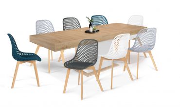 Ensemble repas table extensible Tania bois et blanc et 8 chaises Maëlle multicolores