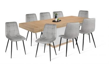 Ensemble repas table extensible Tania bois et blanc et 8 chaises Linda velours gris clair