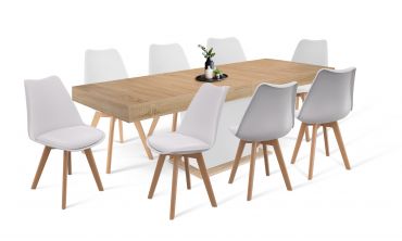 Ensemble repas table extensible Tania bois et blanc et 8 chaises Suedia blanches