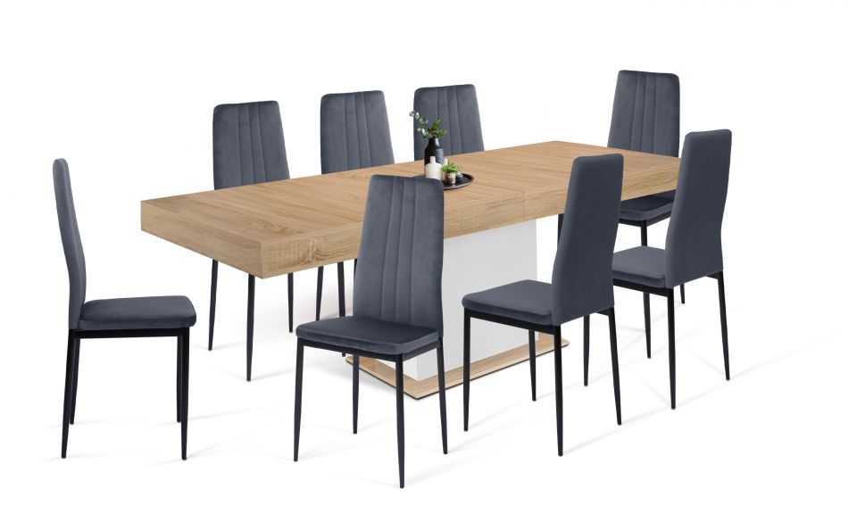 Ensemble repas table extensible Tania bois et blanc et 8 chaises Jade velours gris