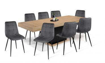 Ensemble repas table extensible Tania bois et noir et 8 chaises Linda velours gris