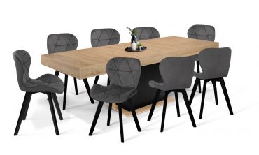 Ensemble repas table extensible Tania bois et noir et 8 chaises Daisy velours noir