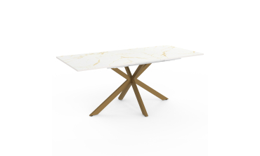 Table repas extensible Glam 160-200cm plateau effet marbre blanc et pieds croisés dorés