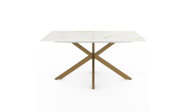 Table repas extensible Glam 160-200cm plateau effet marbre blanc et pieds croisés dorés