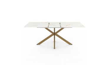 Table repas extensible Glam 160-200cm plateau effet marbre blanc et pieds croisés dorés