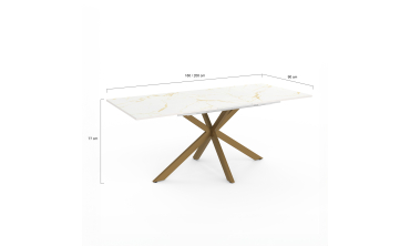 Table repas extensible Glam 160-200cm plateau effet marbre blanc et pieds croisés dorés