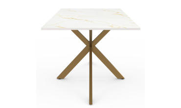 Table repas extensible Glam 160-200cm plateau effet marbre blanc et pieds croisés dorés