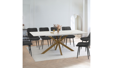 Table repas extensible Glam 160-200cm plateau effet marbre blanc et pieds croisés dorés