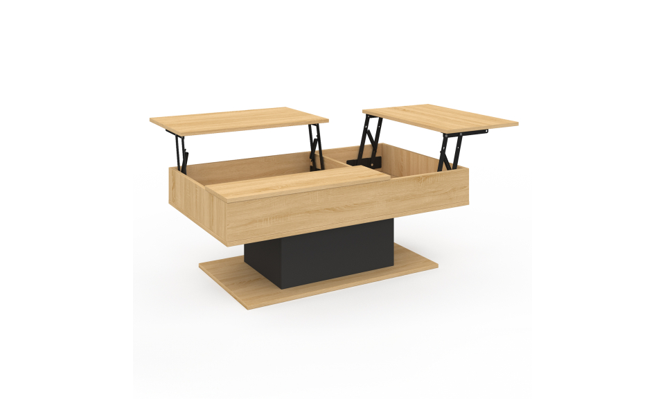 Table basse Tania avec double plateau relevable bois et pieds noir