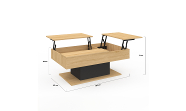 Table basse Tania avec double plateau relevable bois et pieds noir