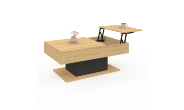 Table basse Tania avec double plateau relevable bois et pieds noir