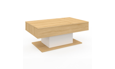 Table basse Tania avec double plateau relevable bois et pieds blanc