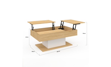 Table basse Tania avec double plateau relevable bois et pieds blanc