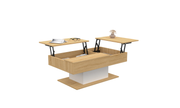 Table basse Tania avec double plateau relevable bois et pieds blanc