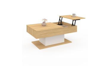 Table basse Tania avec double plateau relevable bois et pieds blanc