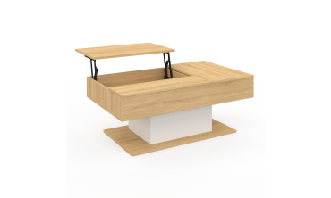 Table basse Tania avec double plateau relevable bois et pieds blanc