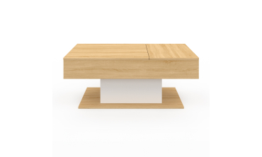 Table basse Tania avec double plateau relevable bois et pieds blanc