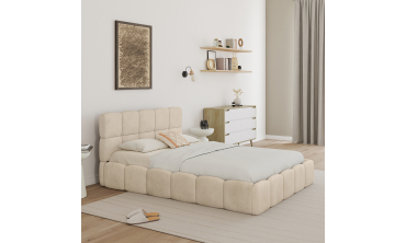 Lit coffre Bubble en velours beige avec sommier et tête de lit 140x190cm