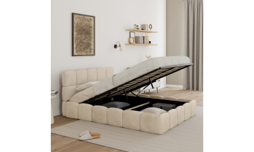 Lit coffre Bubble en velours beige avec sommier et tête de lit 140x190cm