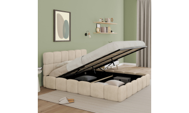 Lit coffre Bubble en velours beige avec sommier et tête de lit 160x200m