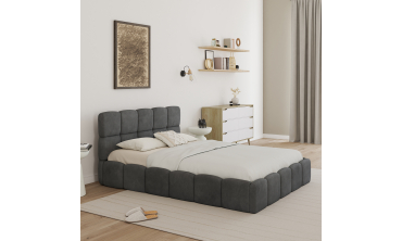 Lit coffre Bubble en velours gris avec sommier et tête de lit 140x190cm