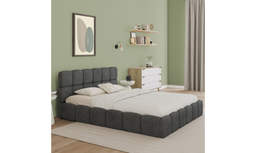 Lit coffre Bubble en velours gris avec sommier et tête de lit 160x200cm