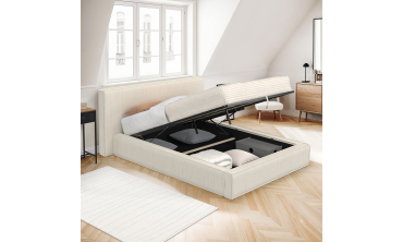 Lit coffre Joyce en velours côtelé beige avec sommier et tête de lit 140x190cm